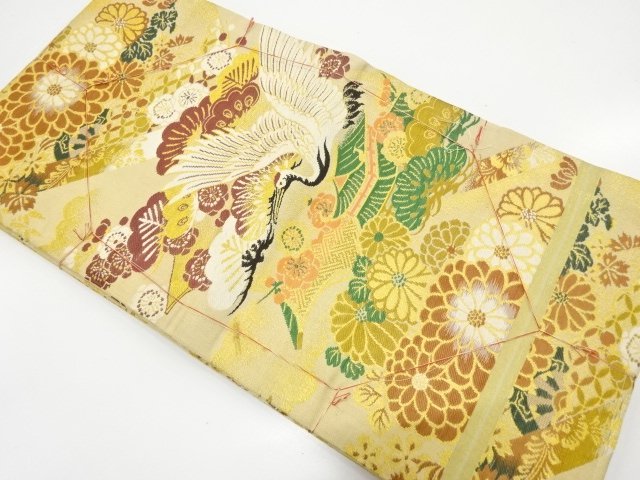 アンティーク　鶴に巻物・草花模様織り出し丸帯（着用可）